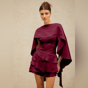 Miss Rosier Lyna shawl-panel ruffled satin mini dress in Re